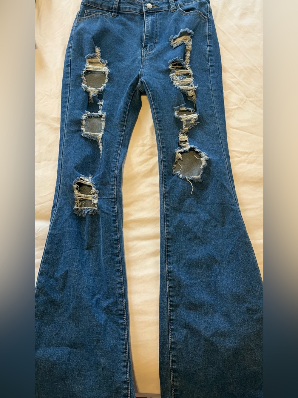 SHEIN Dark Blue Distressed Flare Jeans